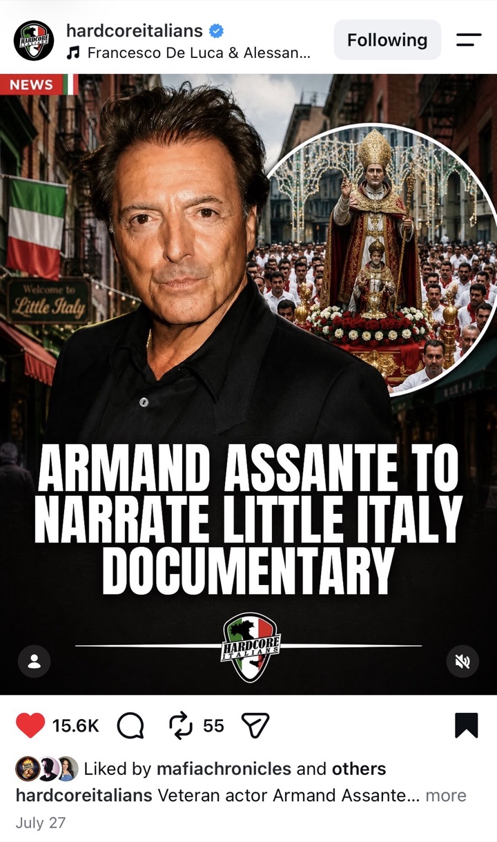 Hardcore Italians news post announcing Armand Assante as narrator of the Little Italy documentary, with 15.6K likes