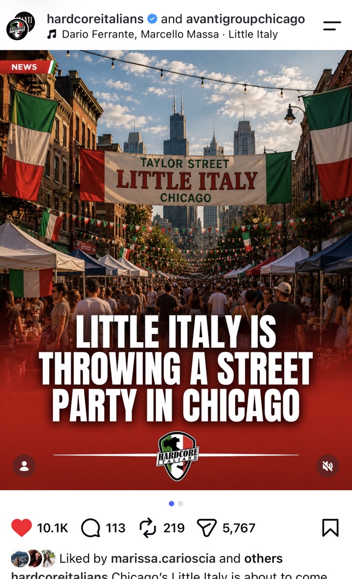 Hardcore Italians news post about Little Italy's street party in Chicago, with 10.1K likes and 5,767 shares