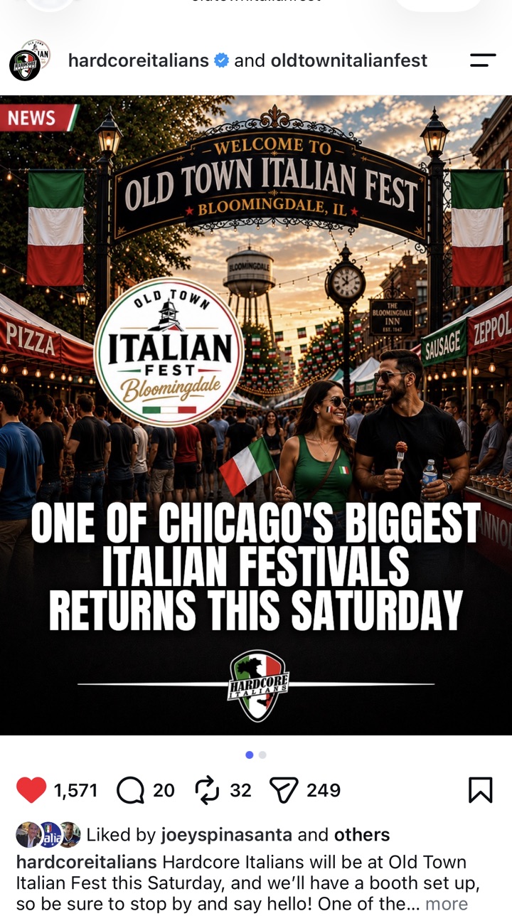 Hardcore Italians collab post with Old Town Italian Fest announcing the festival's return, with 1,571 likes