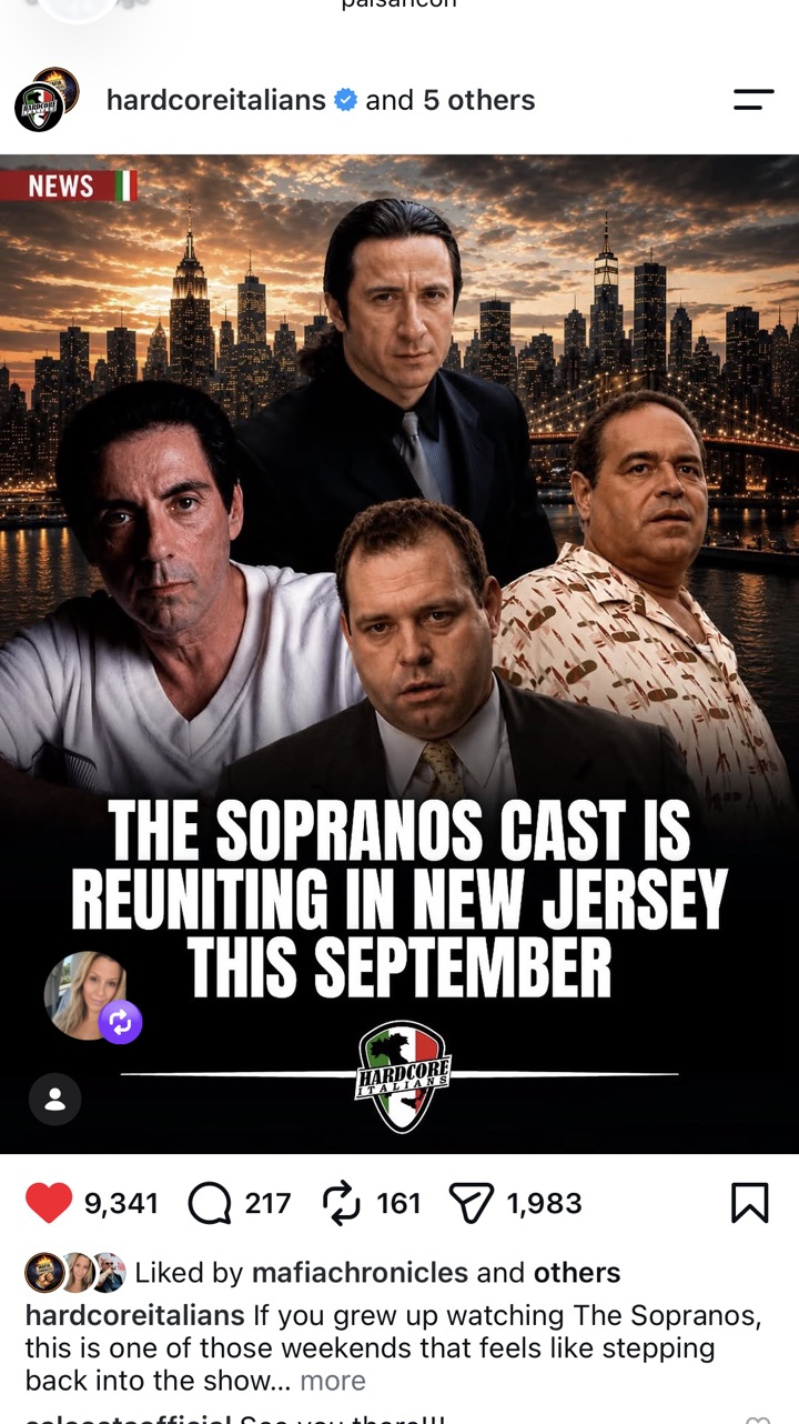 Hardcore Italians post announcing the Sopranos cast reunion at PaisanCon, with 9,341 likes and 1,983 shares